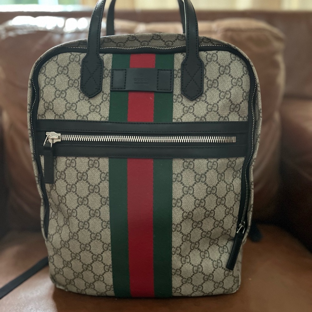 Gucci Monogram Backpack with Classic Red and Green Stripes